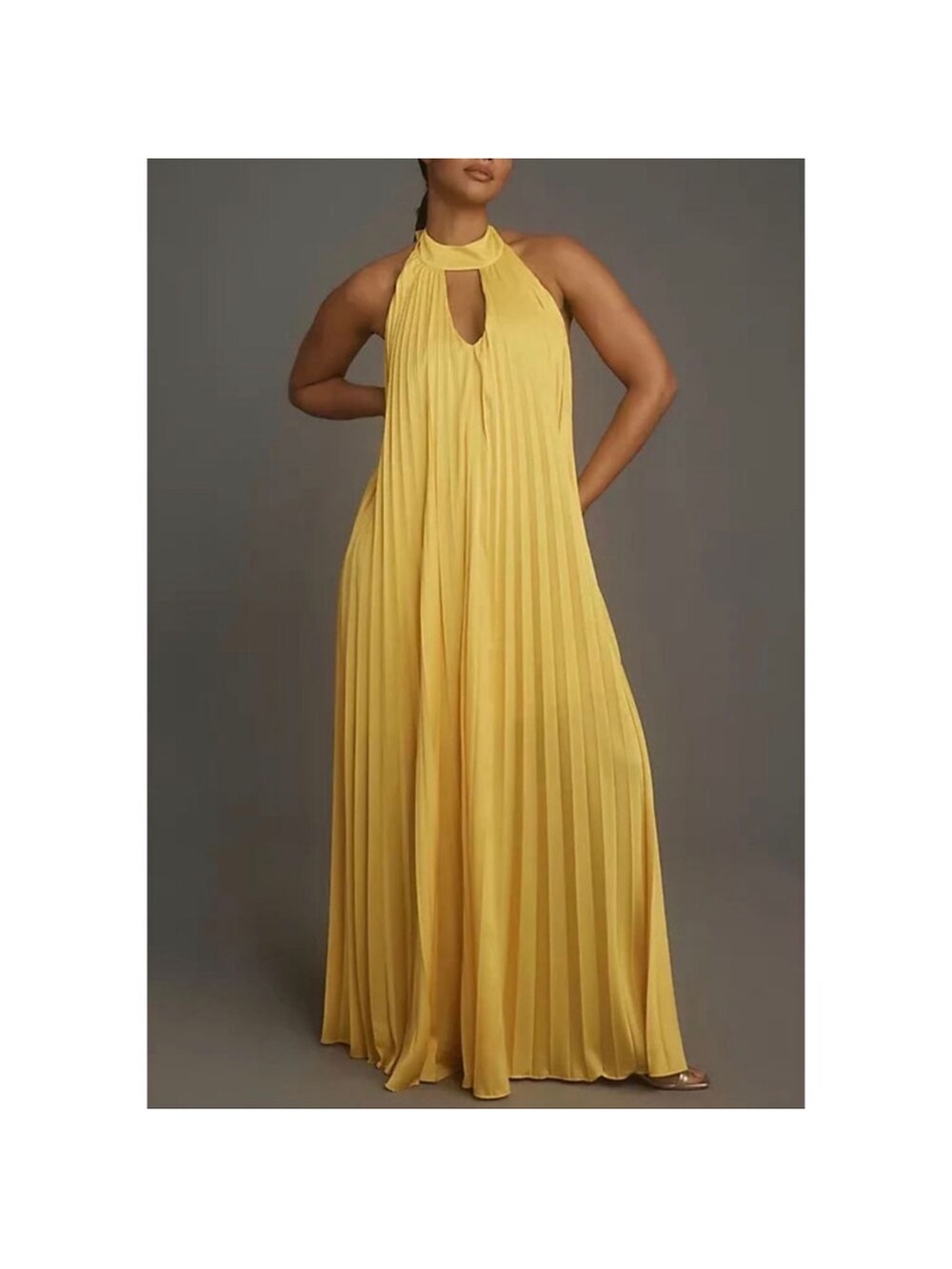 NWT Anthropologie Yellow Halter Pleated Backless Formal Maxi Dress, Size 2X